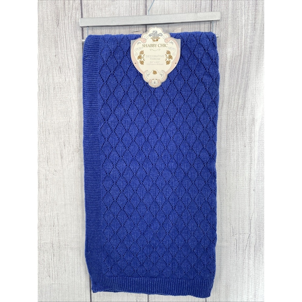 Shabby Chic Throw Blanket 50x60 Heathered Blue Hand Knit Diamond Rachel Ashwell